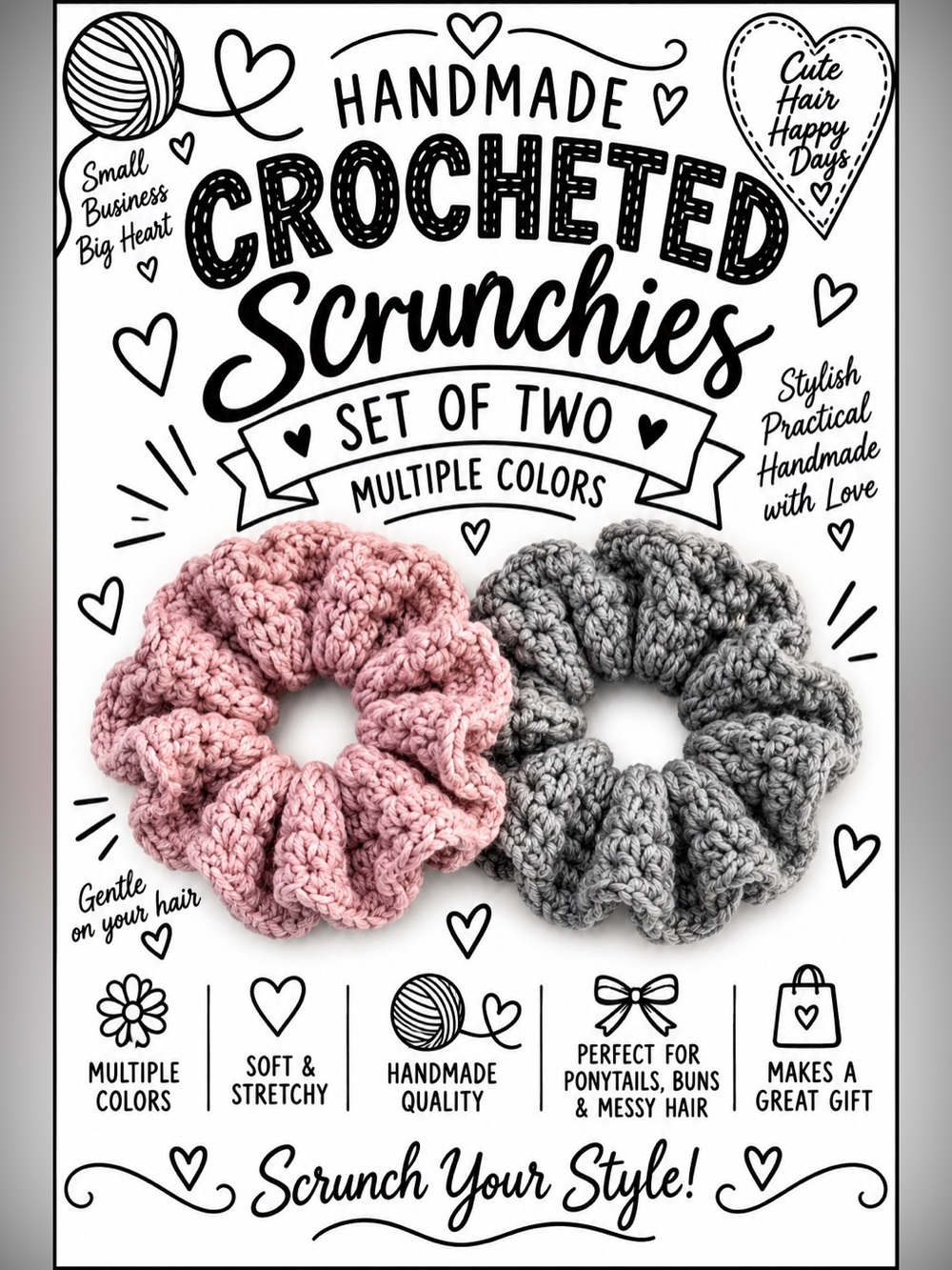 Handmade Crochet Scrunchies Set of 2 Colorful Hair Ties LIVE SHOW SPECIAL